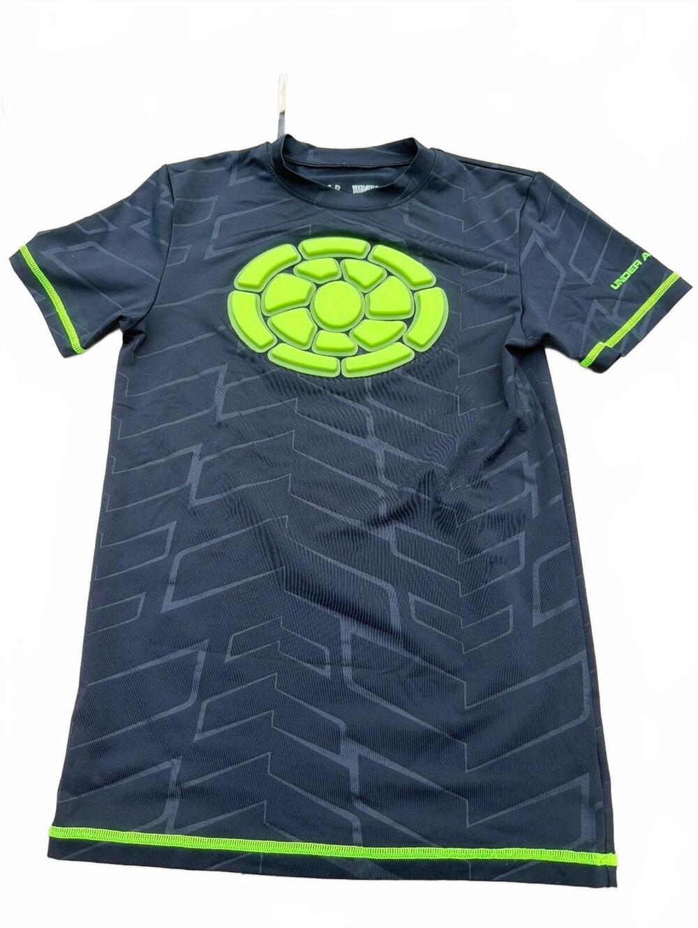 Under Armour Youth Football Shirt Padded HeatGear Fitted Black & Green Athletic